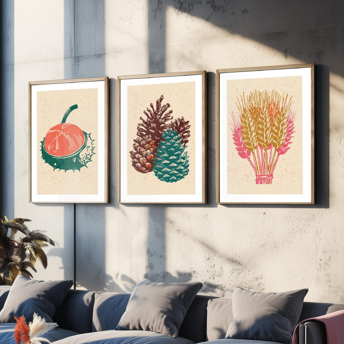 Conker, Pine Cone and Wheat Sheaf Autumn Harvest Poster - Linocut Look Woodcut Set of Three Art Prints - Teal, Coral and Gold V2