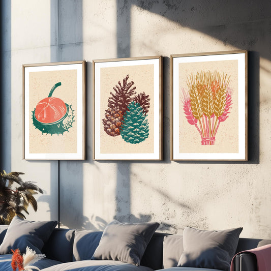 Conker, Pine Cone and Wheat Sheaf Autumn Harvest Poster - Linocut Look Woodcut Set of Three Art Prints - Teal, Coral and Gold V2