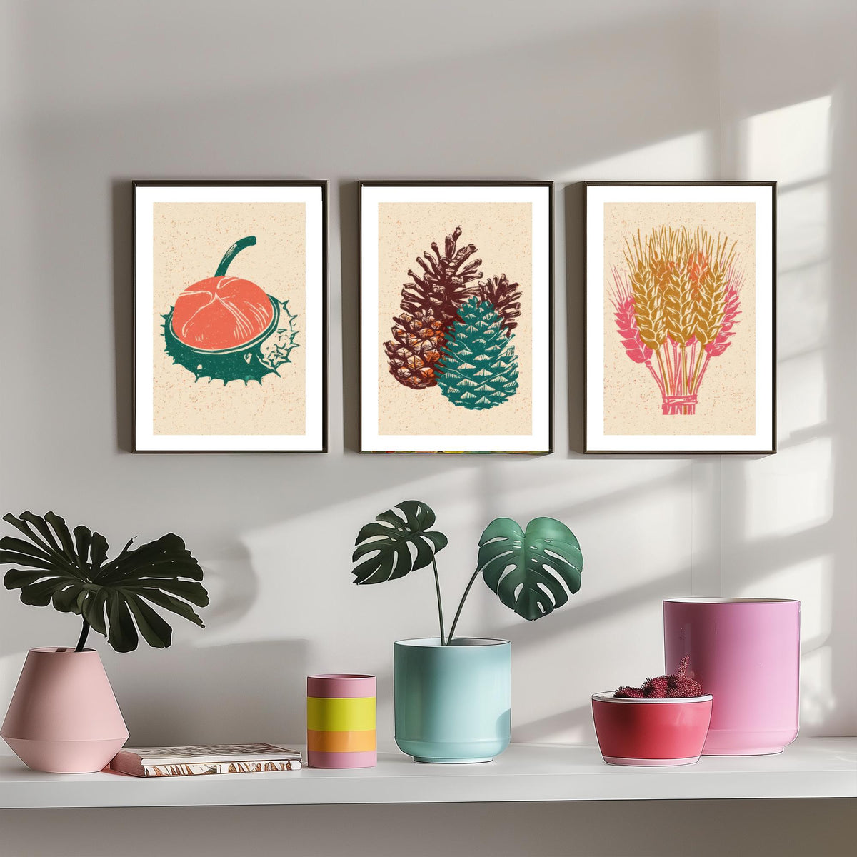 Conker, Pine Cone and Wheat Sheaf Autumn Harvest Poster - Linocut Look Woodcut Set of Three Art Prints - Teal, Coral and Gold V2