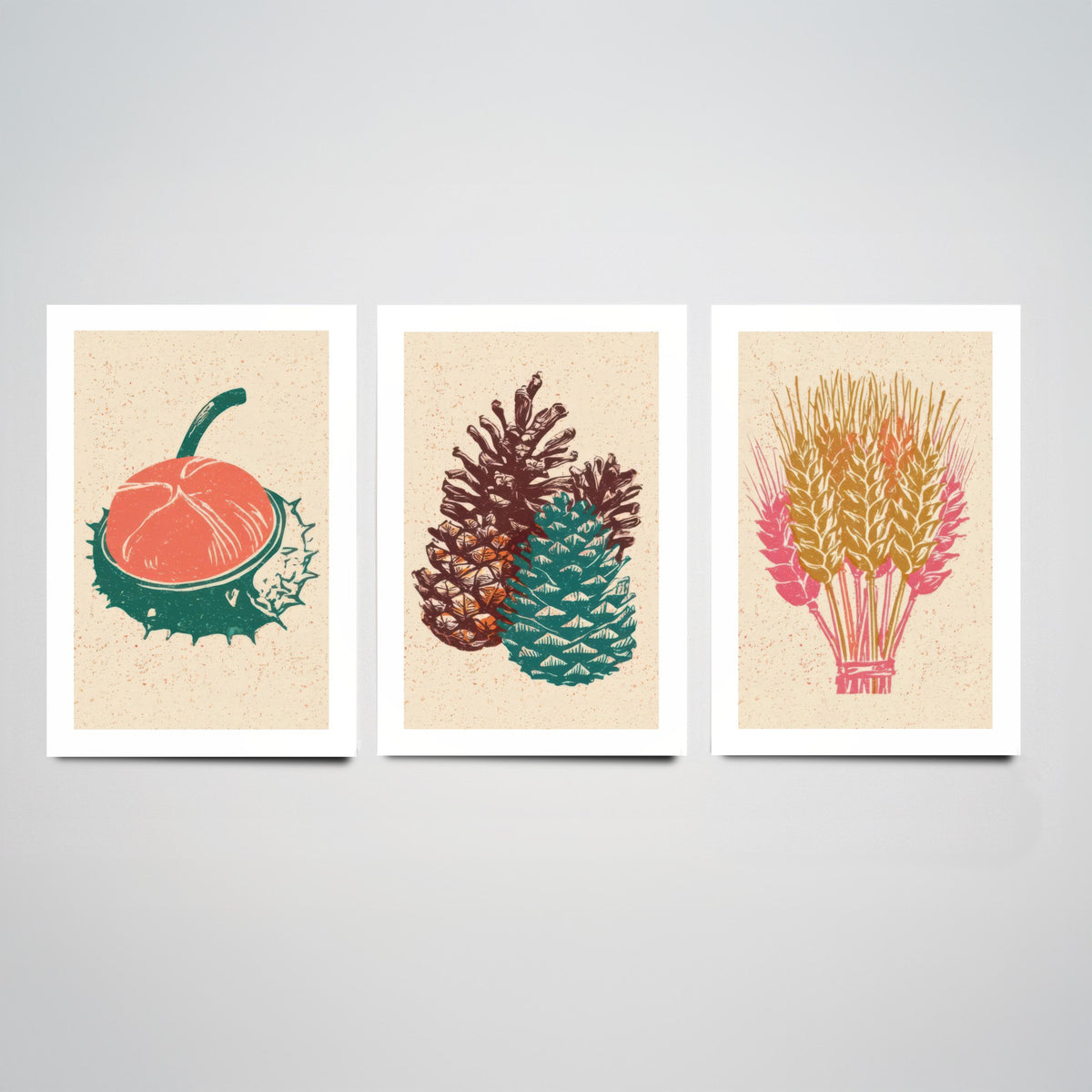 Conker, Pine Cone and Wheat Sheaf Autumn Harvest Poster - Linocut Look Woodcut Set of Three Art Prints - Teal, Coral and Gold V2