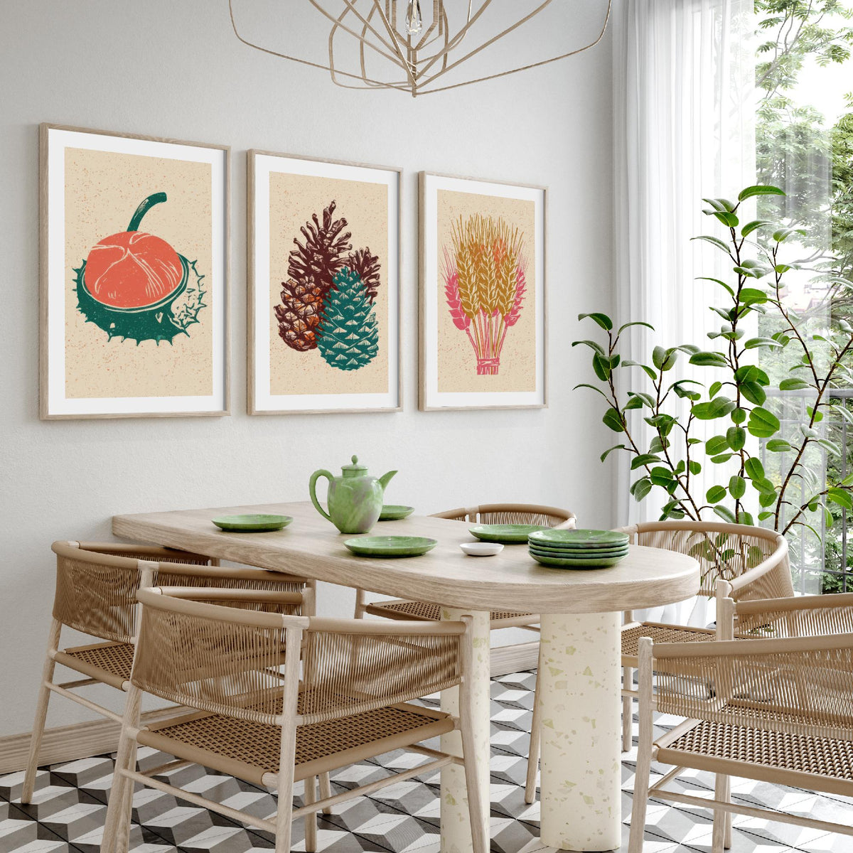 Conker, Pine Cone and Wheat Sheaf Autumn Harvest Poster - Linocut Look Woodcut Set of Three Art Prints - Teal, Coral and Gold V2