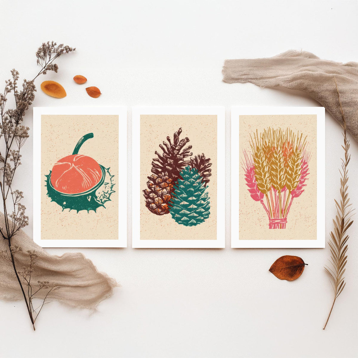 Conker, Pine Cone and Wheat Sheaf Autumn Harvest Poster - Linocut Look Woodcut Set of Three Art Prints - Teal, Coral and Gold V2
