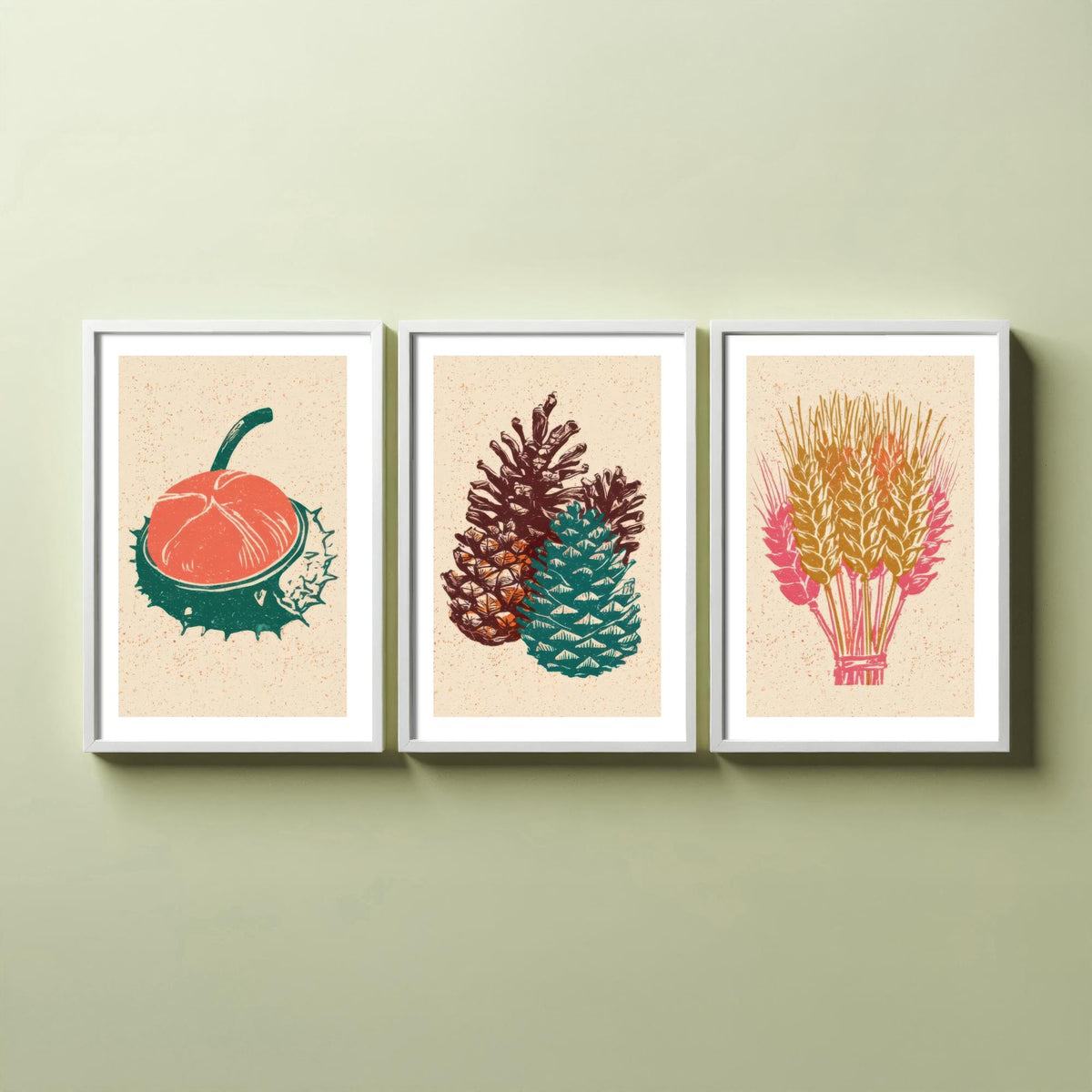 Conker, Pine Cone and Wheat Sheaf Autumn Harvest Poster - Linocut Look Woodcut Set of Three Art Prints - Teal, Coral and Gold V2