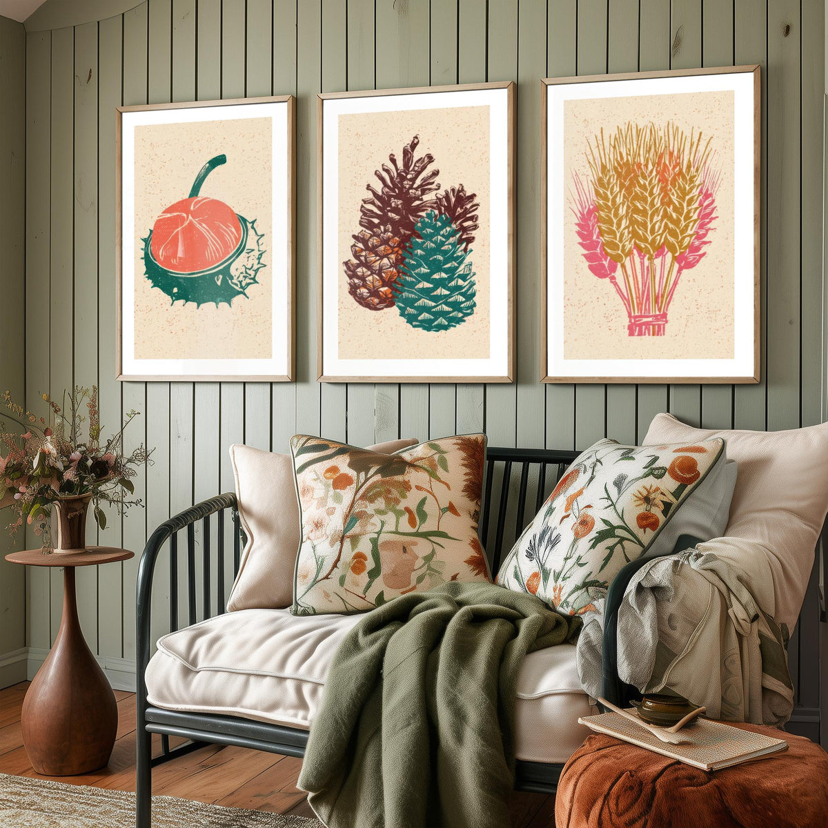 Conker, Pine Cone and Wheat Sheaf Autumn Harvest Poster - Linocut Look Woodcut Set of Three Art Prints - Teal, Coral and Gold V2