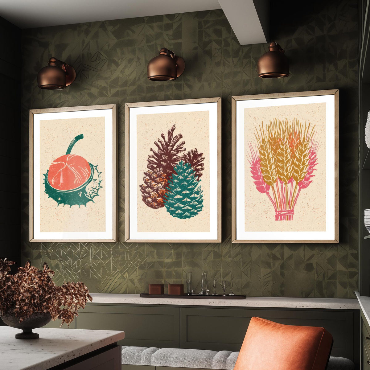Conker, Pine Cone and Wheat Sheaf Autumn Harvest Poster - Linocut Look Woodcut Set of Three Art Prints - Teal, Coral and Gold V2