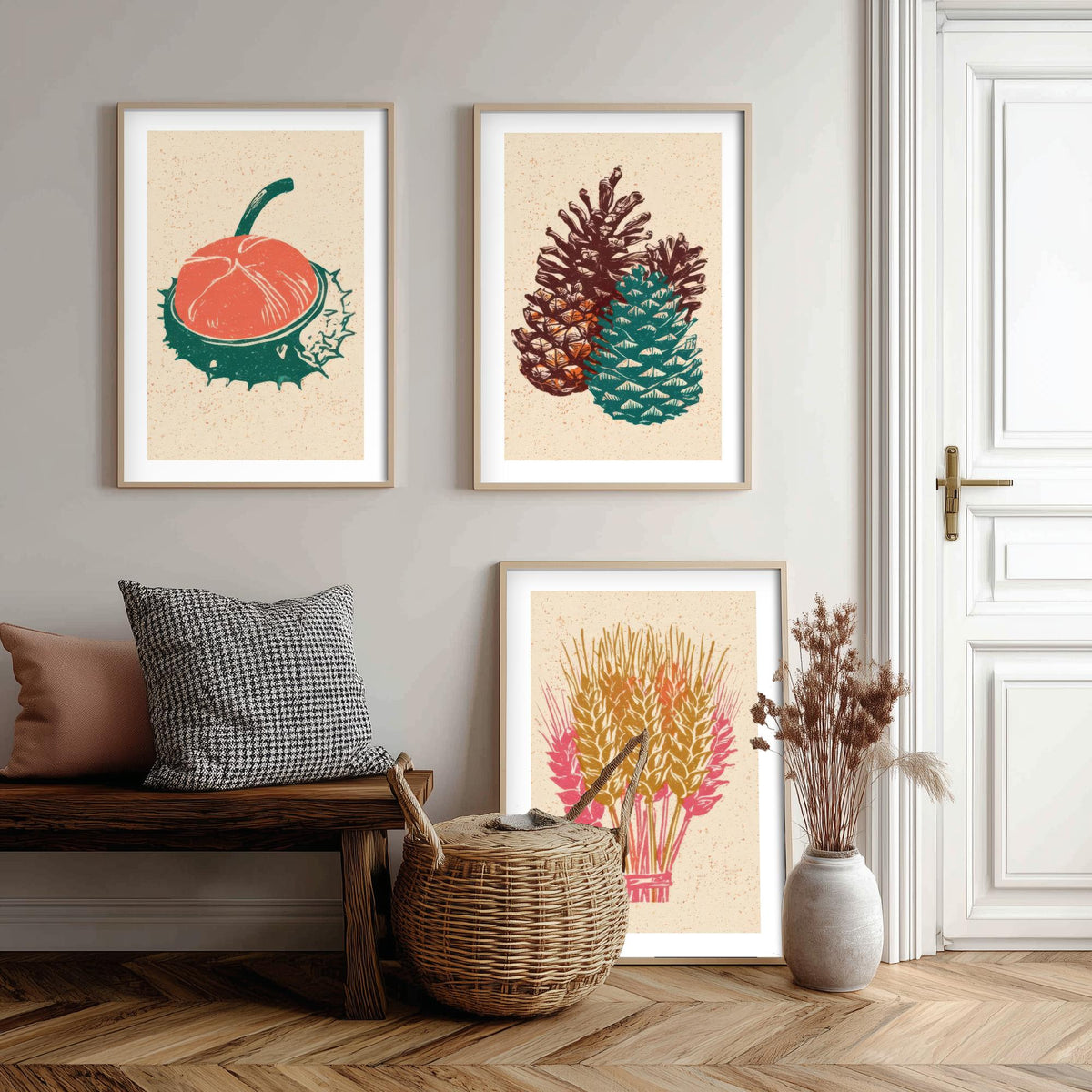 Conker, Pine Cone and Wheat Sheaf Autumn Harvest Poster - Linocut Look Woodcut Set of Three Art Prints - Teal, Coral and Gold V2