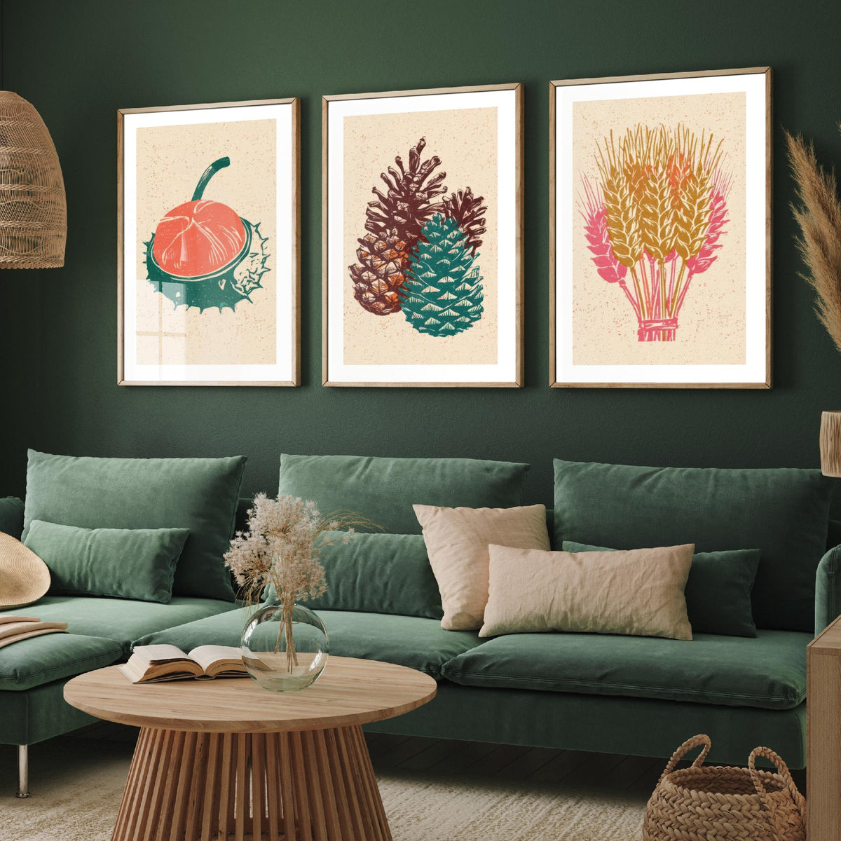 Conker, Pine Cone and Wheat Sheaf Autumn Harvest Poster - Linocut Look Woodcut Set of Three Art Prints - Teal, Coral and Gold V2