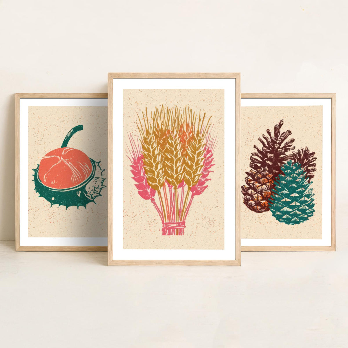 Conker, Pine Cone and Wheat Sheaf Autumn Harvest Poster - Linocut Look Woodcut Set of Three Art Prints - Teal, Coral and Gold V2