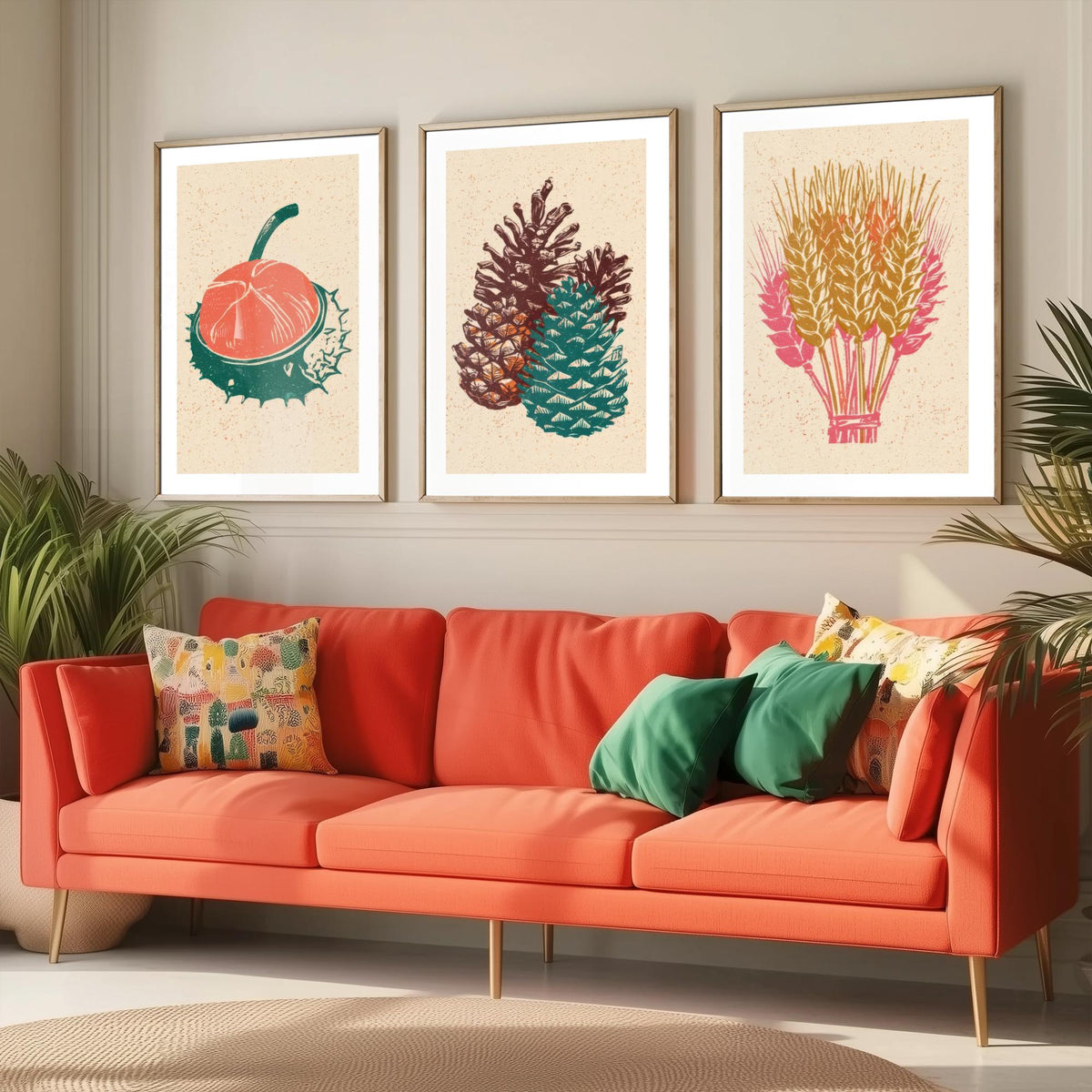 Conker, Pine Cone and Wheat Sheaf Autumn Harvest Poster - Linocut Look Woodcut Set of Three Art Prints - Teal, Coral and Gold V2