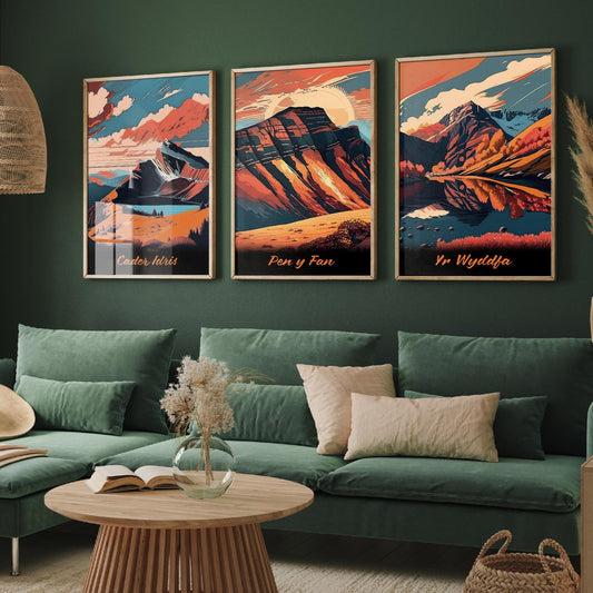 Set of Three Welsh Mountains in Autumn Travel Posters (Welsh Names) - Set of 3 Cader Idris, Pen y Fan, Yr Wyddfa, Paintings Wall Art Print