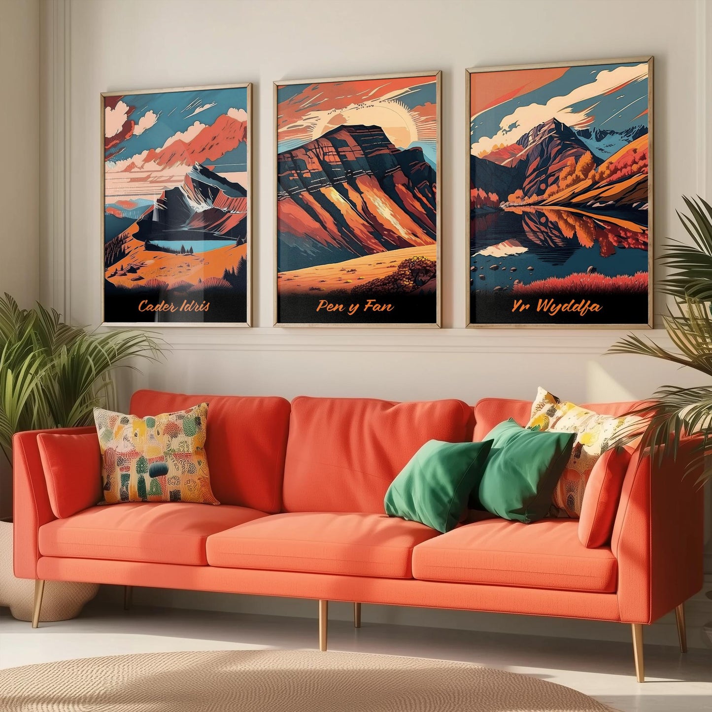 Set of Three Peaks of Wales Travel Posters - Cader Idris, Pen y Fan, Yr Wyddfa - 3 Autumn Mountain Art Prints - Bold Sunset Painting