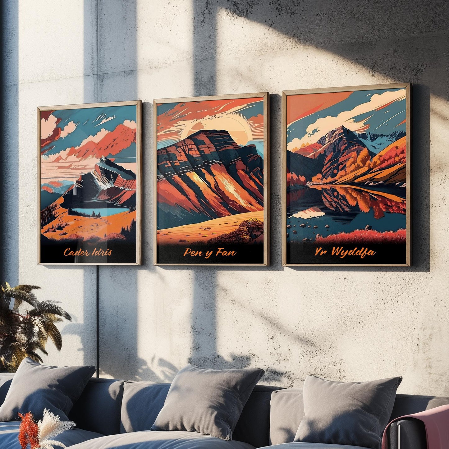 Set of Three Peaks of Wales Travel Posters - Cader Idris, Pen y Fan, Yr Wyddfa - 3 Autumn Mountain Art Prints - Bold Sunset Painting