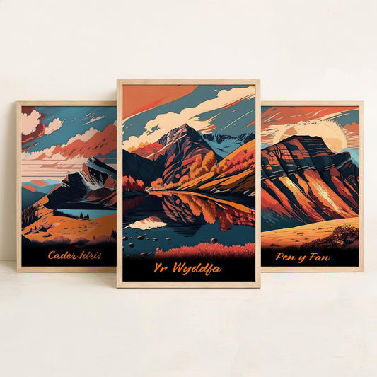 Set of Three Peaks of Wales Travel Posters - Cader Idris, Pen y Fan, Yr Wyddfa - 3 Autumn Mountain Art Prints - Bold Sunset Painting