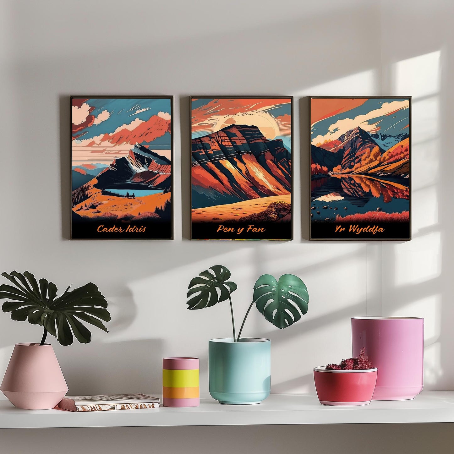 Set of Three Peaks of Wales Travel Posters - Cader Idris, Pen y Fan, Yr Wyddfa - 3 Autumn Mountain Art Prints - Bold Sunset Painting