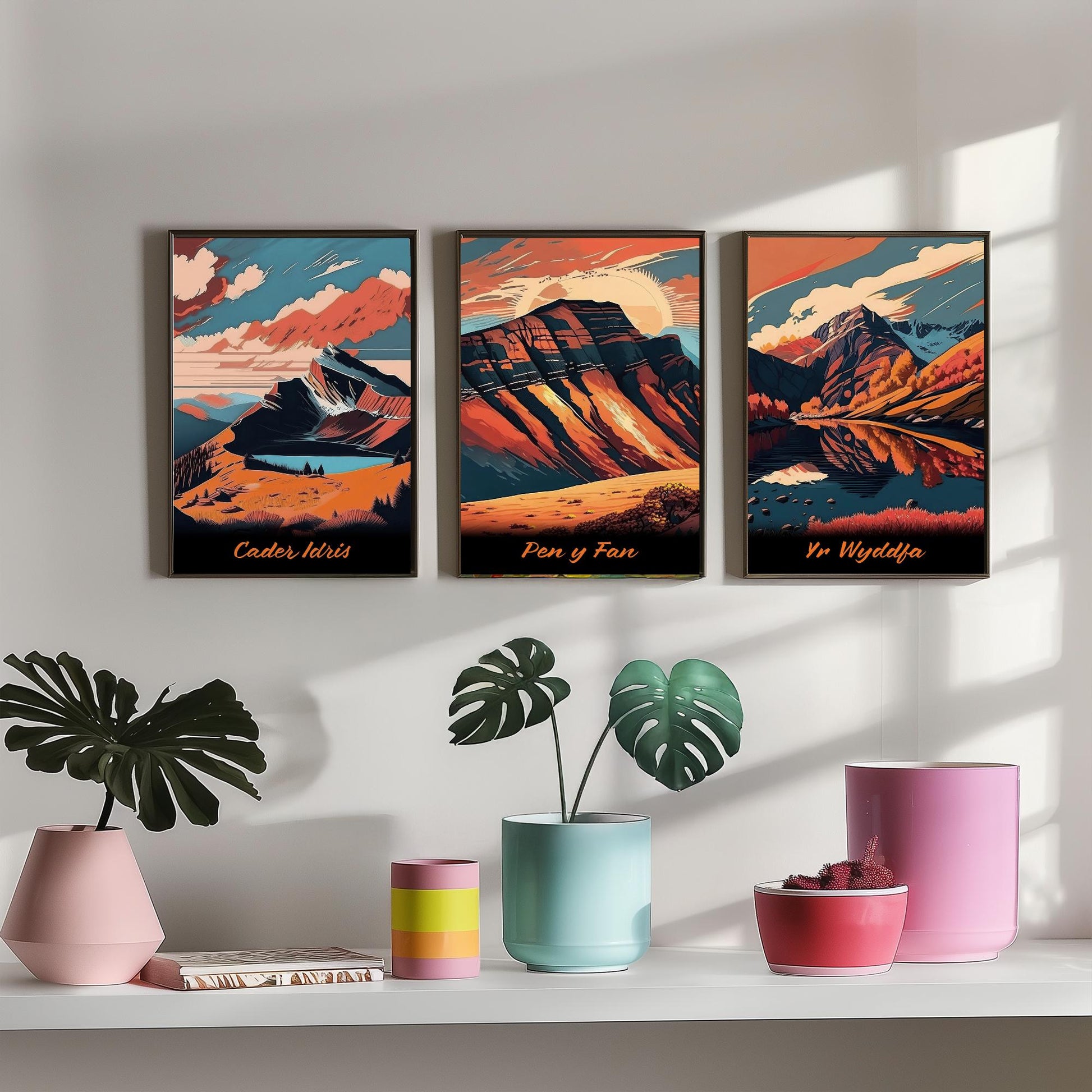 Set of Three Peaks of Wales Travel Posters - Cader Idris, Pen y Fan, Yr Wyddfa - 3 Autumn Mountain Art Prints - Bold Sunset Painting