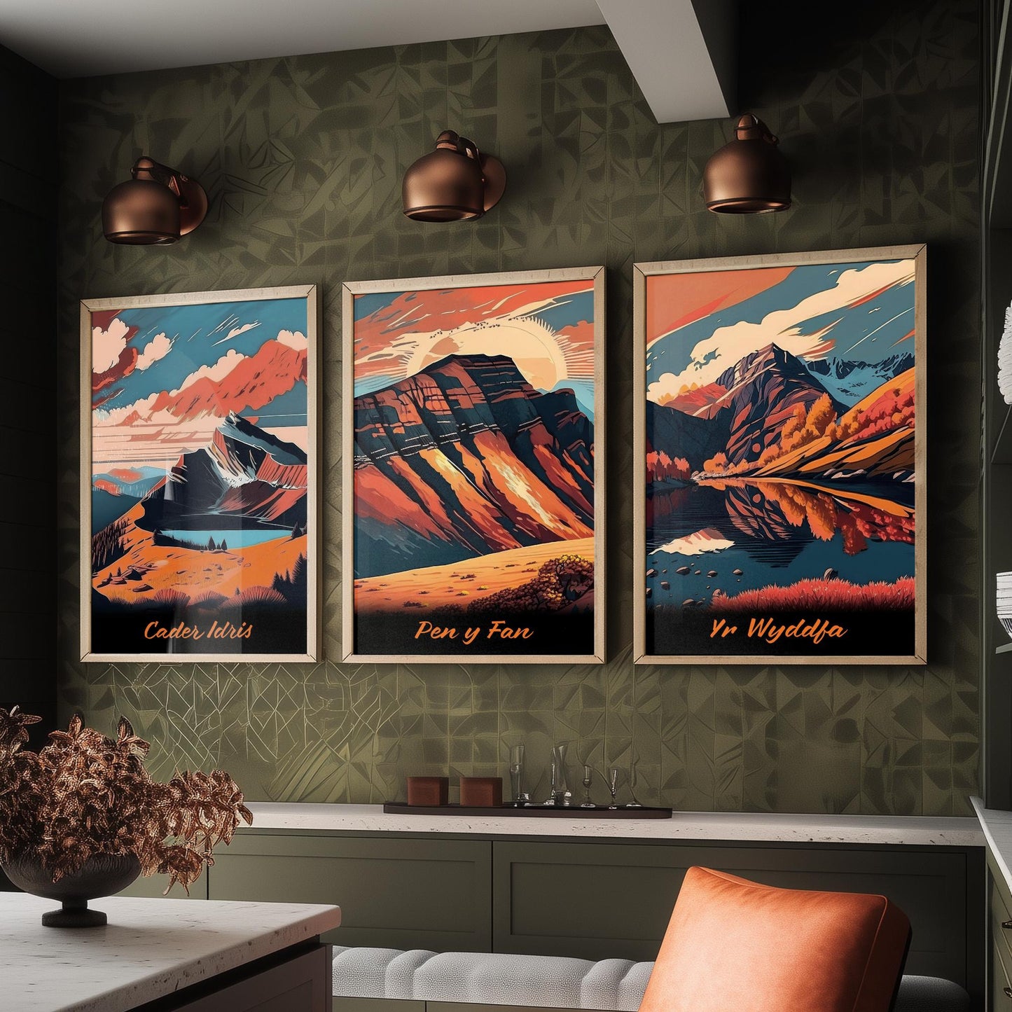Set of Three Peaks of Wales Travel Posters - Cader Idris, Pen y Fan, Yr Wyddfa - 3 Autumn Mountain Art Prints - Bold Sunset Painting