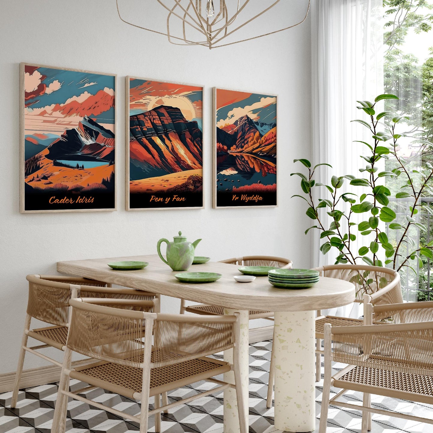Set of Three Peaks of Wales Travel Posters - Cader Idris, Pen y Fan, Yr Wyddfa - 3 Autumn Mountain Art Prints - Bold Sunset Painting