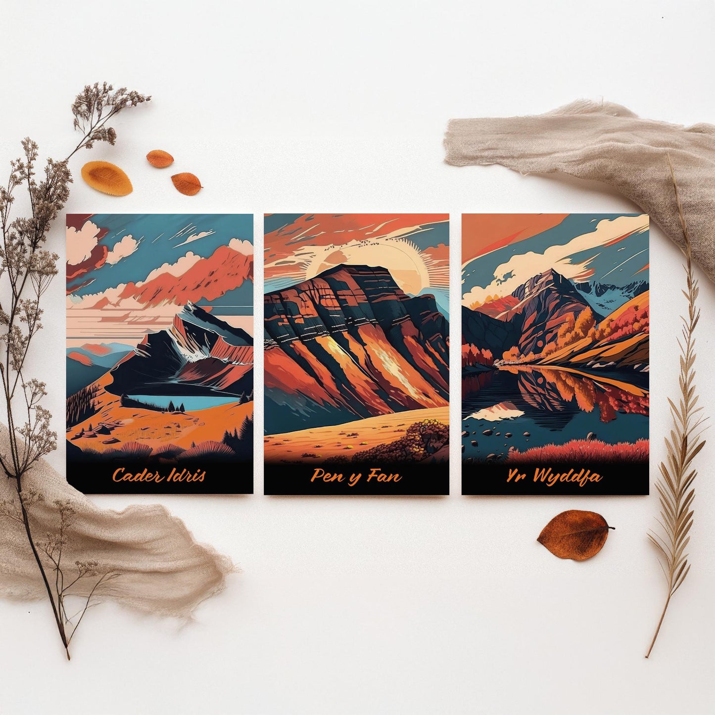 Set of Three Peaks of Wales Travel Posters - Cader Idris, Pen y Fan, Yr Wyddfa - 3 Autumn Mountain Art Prints - Bold Sunset Painting
