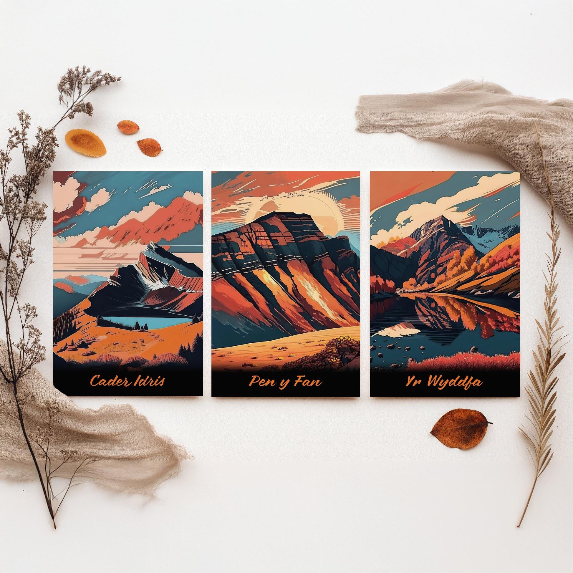 Set of Three Peaks of Wales Travel Posters - Cader Idris, Pen y Fan, Yr Wyddfa - 3 Autumn Mountain Art Prints - Bold Sunset Painting