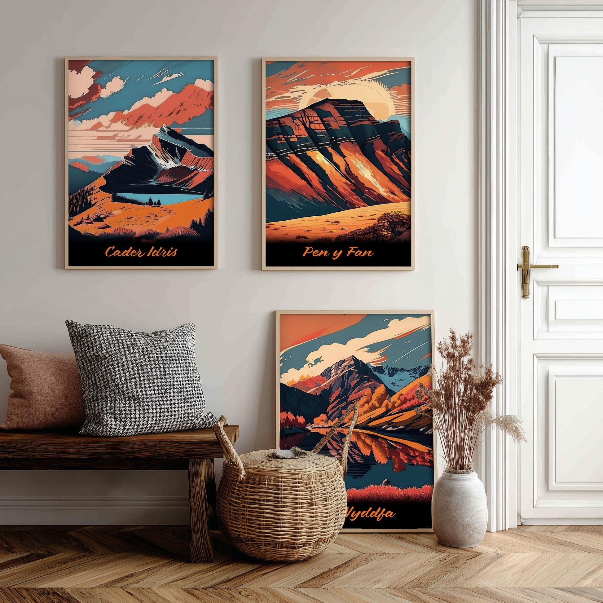 Set of Three Peaks of Wales Travel Posters - Cader Idris, Pen y Fan, Yr Wyddfa - 3 Autumn Mountain Art Prints - Bold Sunset Painting