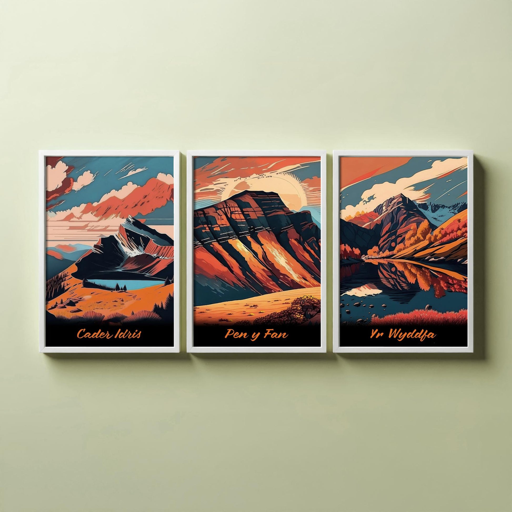Set of Three Peaks of Wales Travel Posters - Cader Idris, Pen y Fan, Yr Wyddfa - 3 Autumn Mountain Art Prints - Bold Sunset Painting