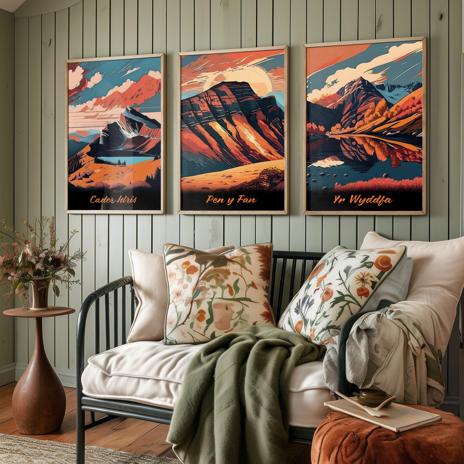 Set of Three Peaks of Wales Travel Posters - Cader Idris, Pen y Fan, Yr Wyddfa - 3 Autumn Mountain Art Prints - Bold Sunset Painting