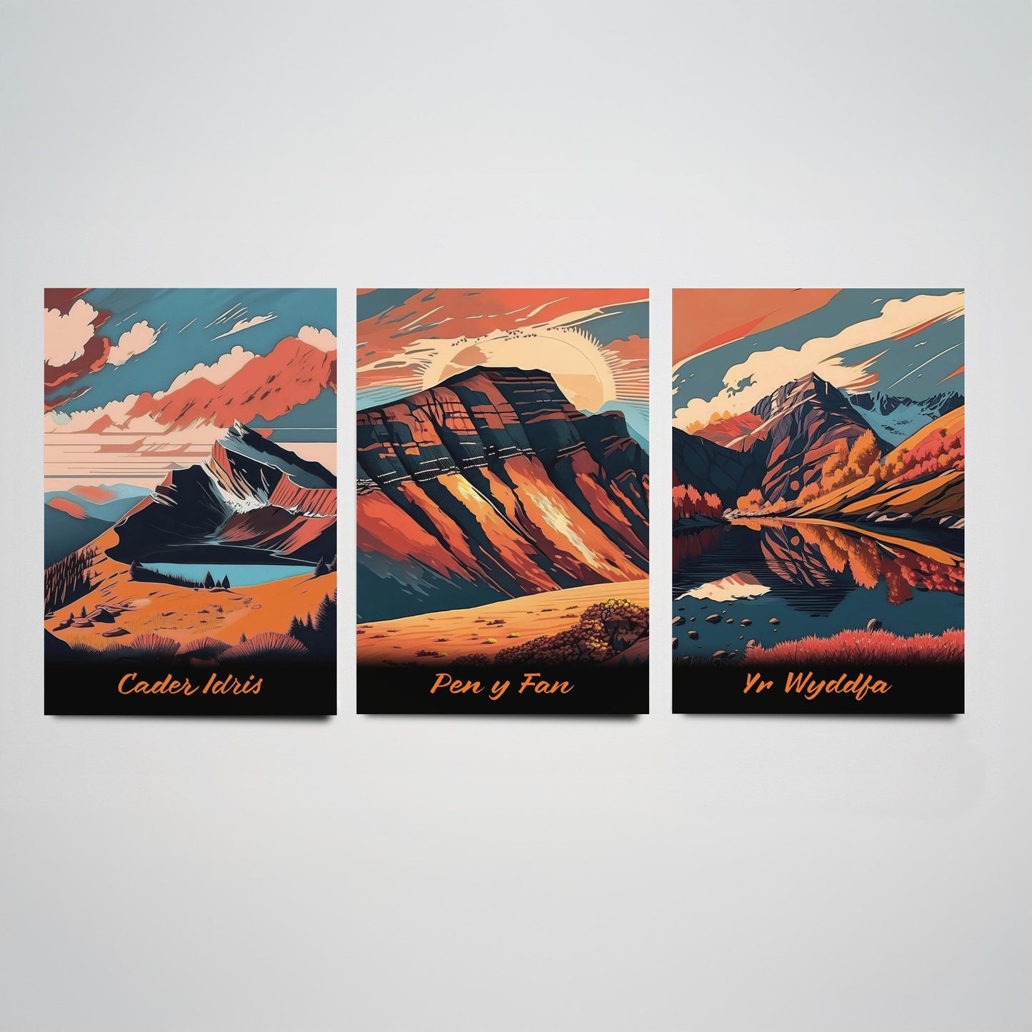 Set of Three Peaks of Wales Travel Posters - Cader Idris, Pen y Fan, Yr Wyddfa - 3 Autumn Mountain Art Prints - Bold Sunset Painting