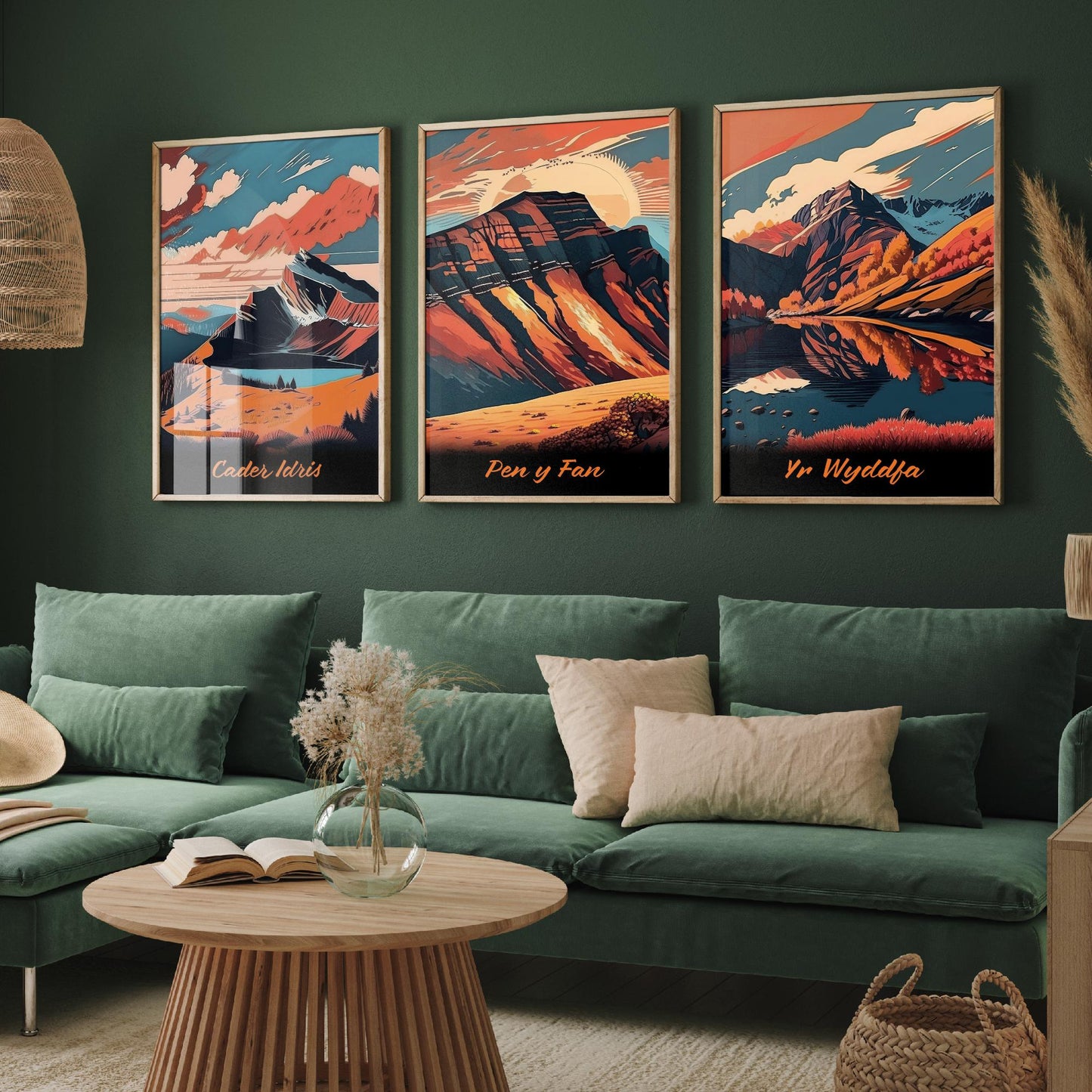 Set of Three Peaks of Wales Travel Posters - Cader Idris, Pen y Fan, Yr Wyddfa - 3 Autumn Mountain Art Prints - Bold Sunset Painting