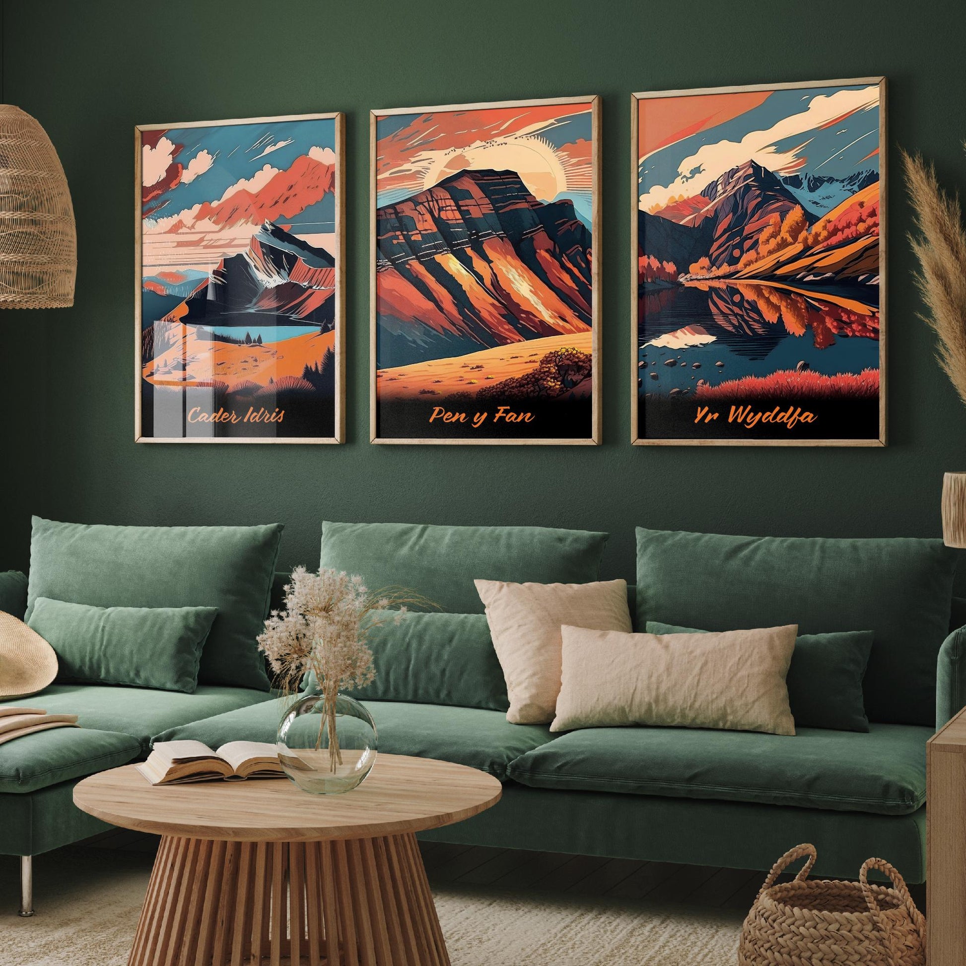 Set of Three Peaks of Wales Travel Posters - Cader Idris, Pen y Fan, Yr Wyddfa - 3 Autumn Mountain Art Prints - Bold Sunset Painting