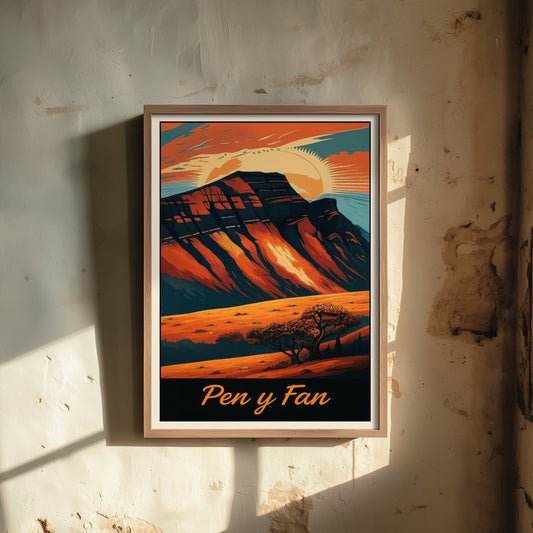 Pen y Fan Wales Travel Poster - Autumn Mountain Art Print - Retro Landscape Illustration - Brecon Beacons V2 2/3