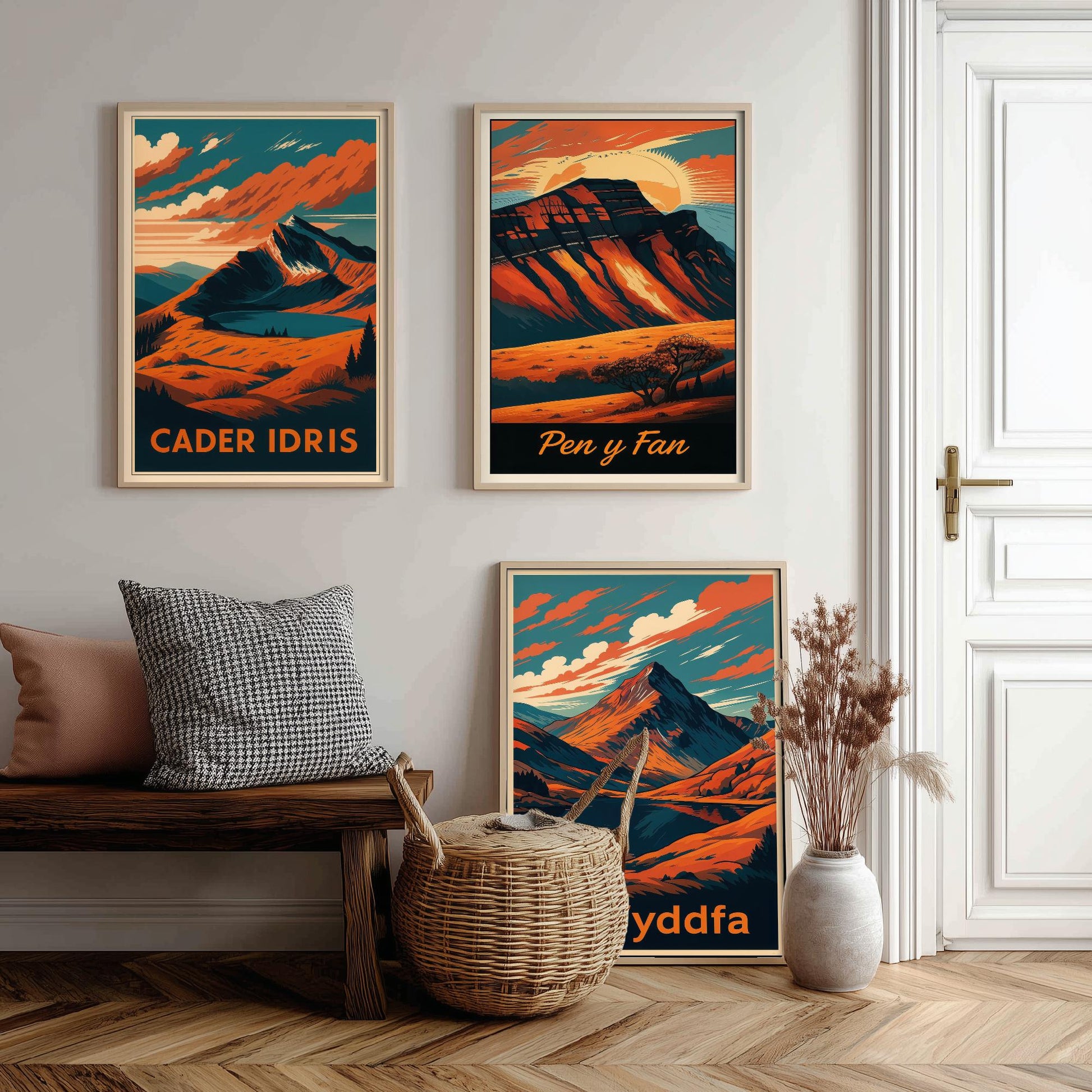 Set of Three Wales Peaks Travel Posters - Cader Idris, Pen y Fan, Yr Wyddfa - 3 Vintage Border Autumn Art Prints - Painting V2
