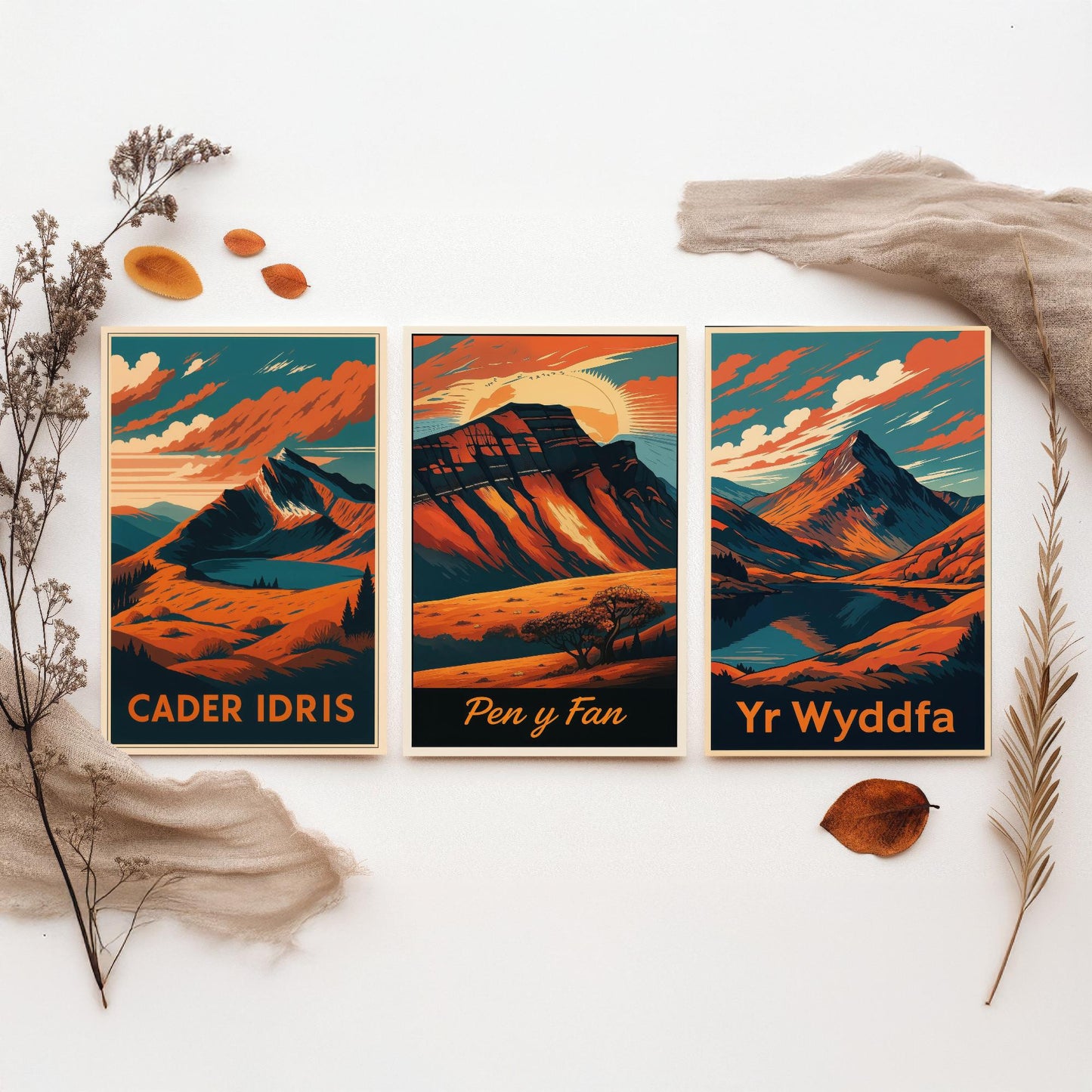 Set of Three Wales Peaks Travel Posters - Cader Idris, Pen y Fan, Yr Wyddfa - 3 Vintage Border Autumn Art Prints - Painting V2