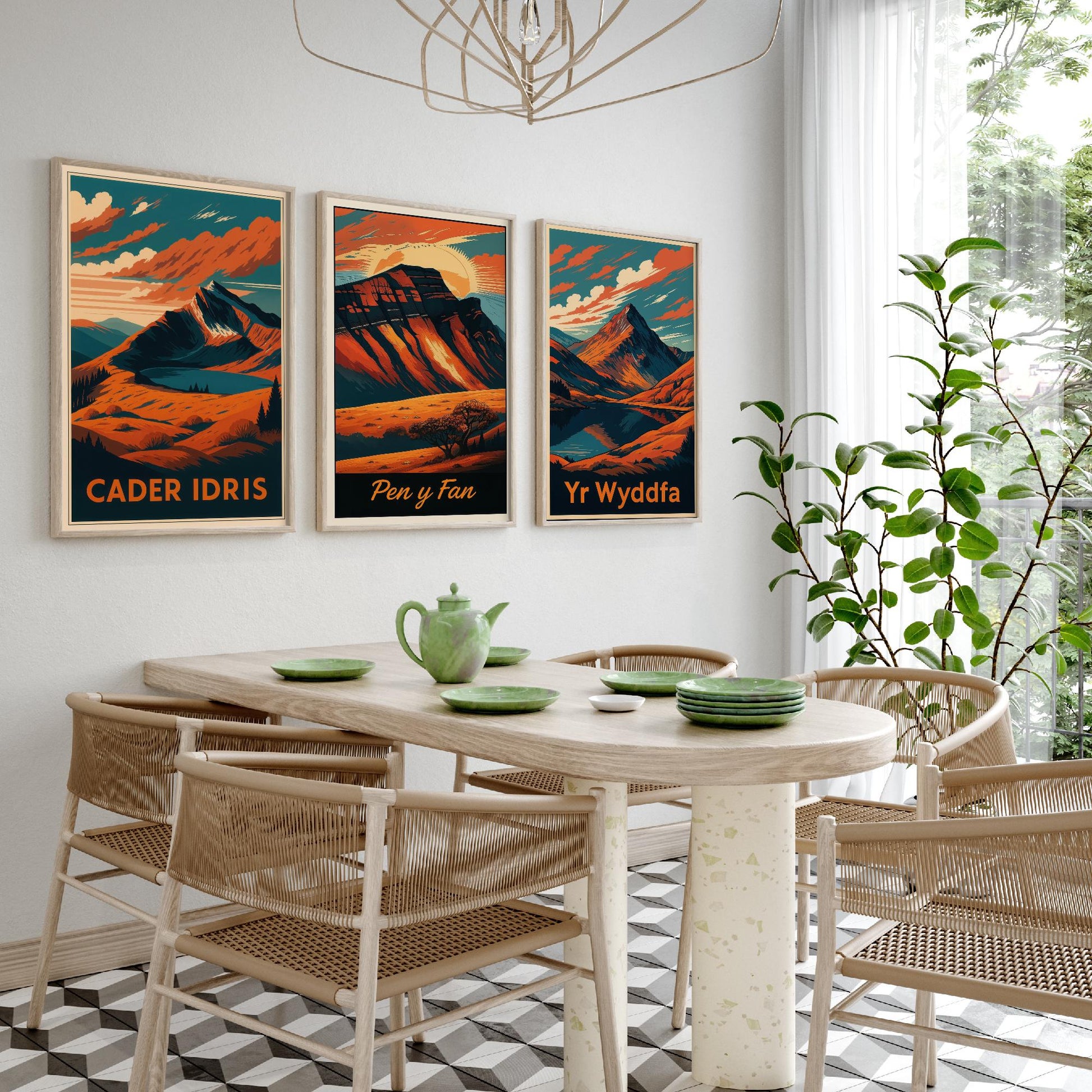 Set of Three Wales Peaks Travel Posters - Cader Idris, Pen y Fan, Yr Wyddfa - 3 Vintage Border Autumn Art Prints - Painting V2