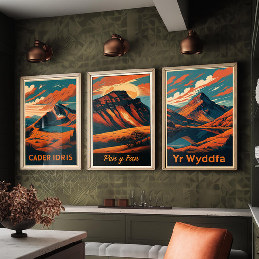 Set of Three Wales Peaks Travel Posters - Cader Idris, Pen y Fan, Yr Wyddfa - 3 Vintage Border Autumn Art Prints - Painting V2