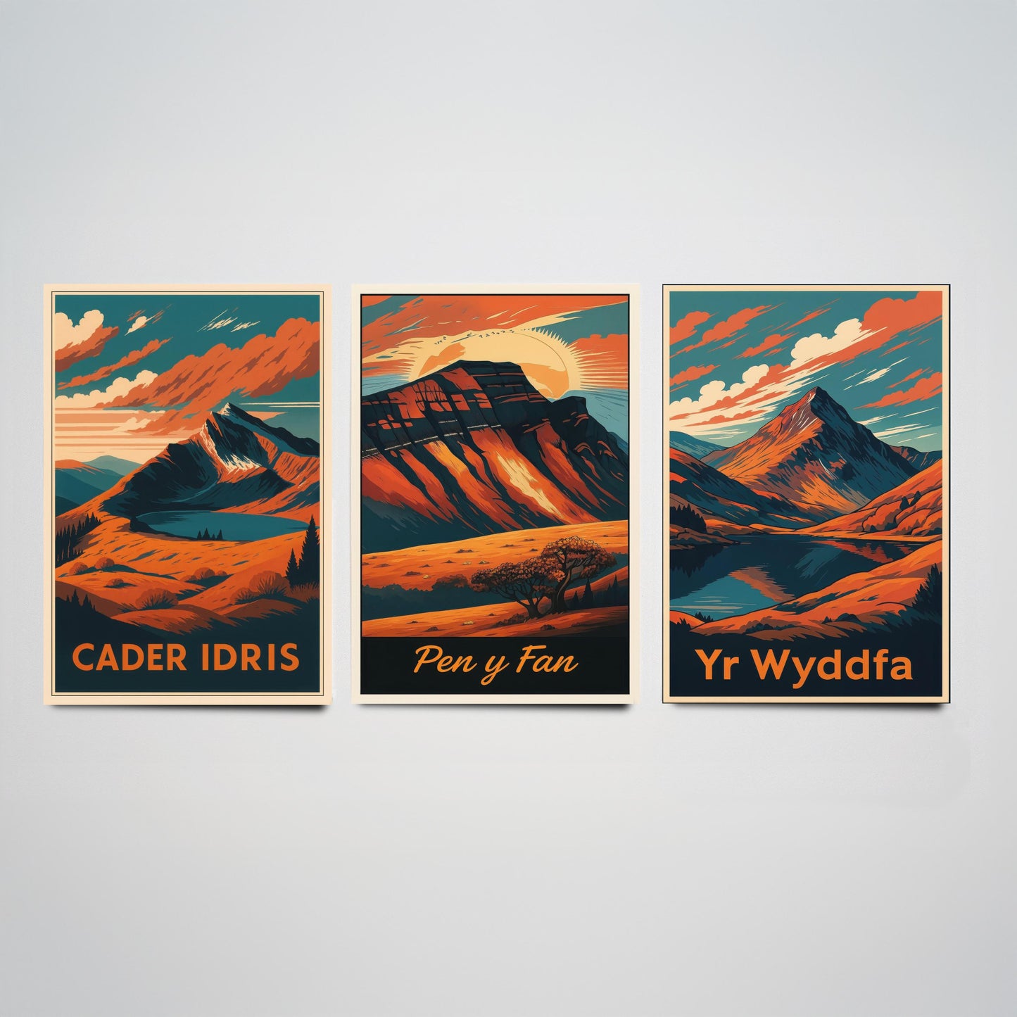 Set of Three Wales Peaks Travel Posters - Cader Idris, Pen y Fan, Yr Wyddfa - 3 Vintage Border Autumn Art Prints - Painting V2