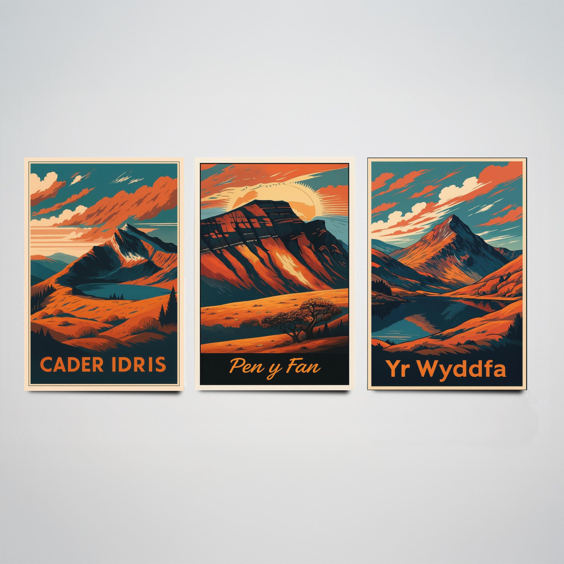 Set of Three Wales Peaks Travel Posters - Cader Idris, Pen y Fan, Yr Wyddfa - 3 Vintage Border Autumn Art Prints - Painting V2