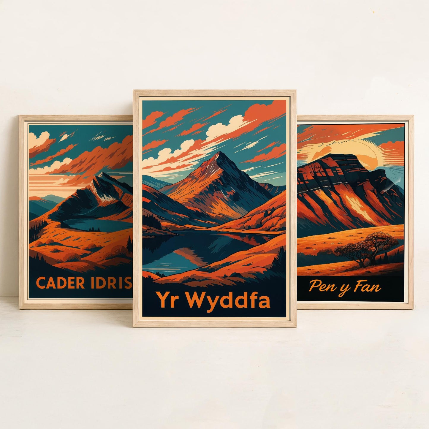 Set of Three Wales Peaks Travel Posters - Cader Idris, Pen y Fan, Yr Wyddfa - 3 Vintage Border Autumn Art Prints - Painting V2
