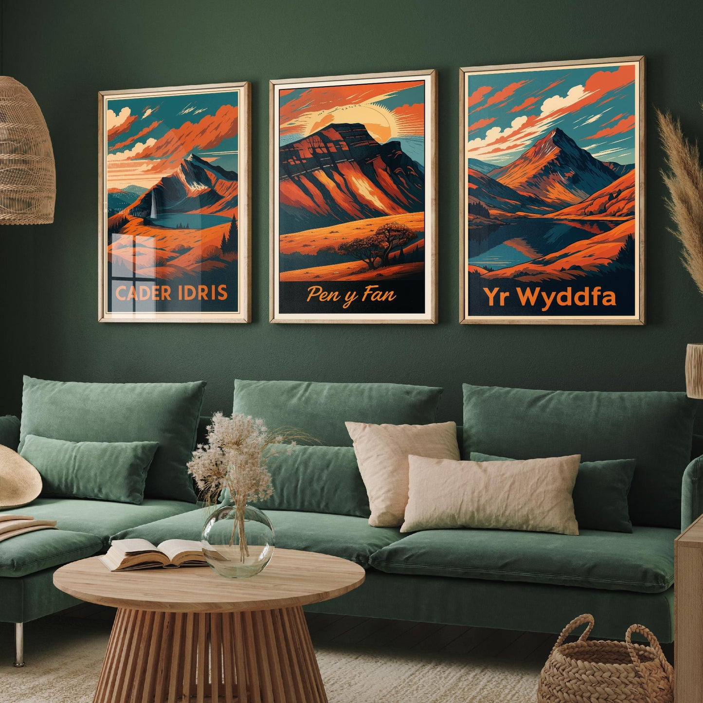 Set of Three Wales Peaks Travel Posters - Cader Idris, Pen y Fan, Yr Wyddfa - 3 Vintage Border Autumn Art Prints - Painting V2