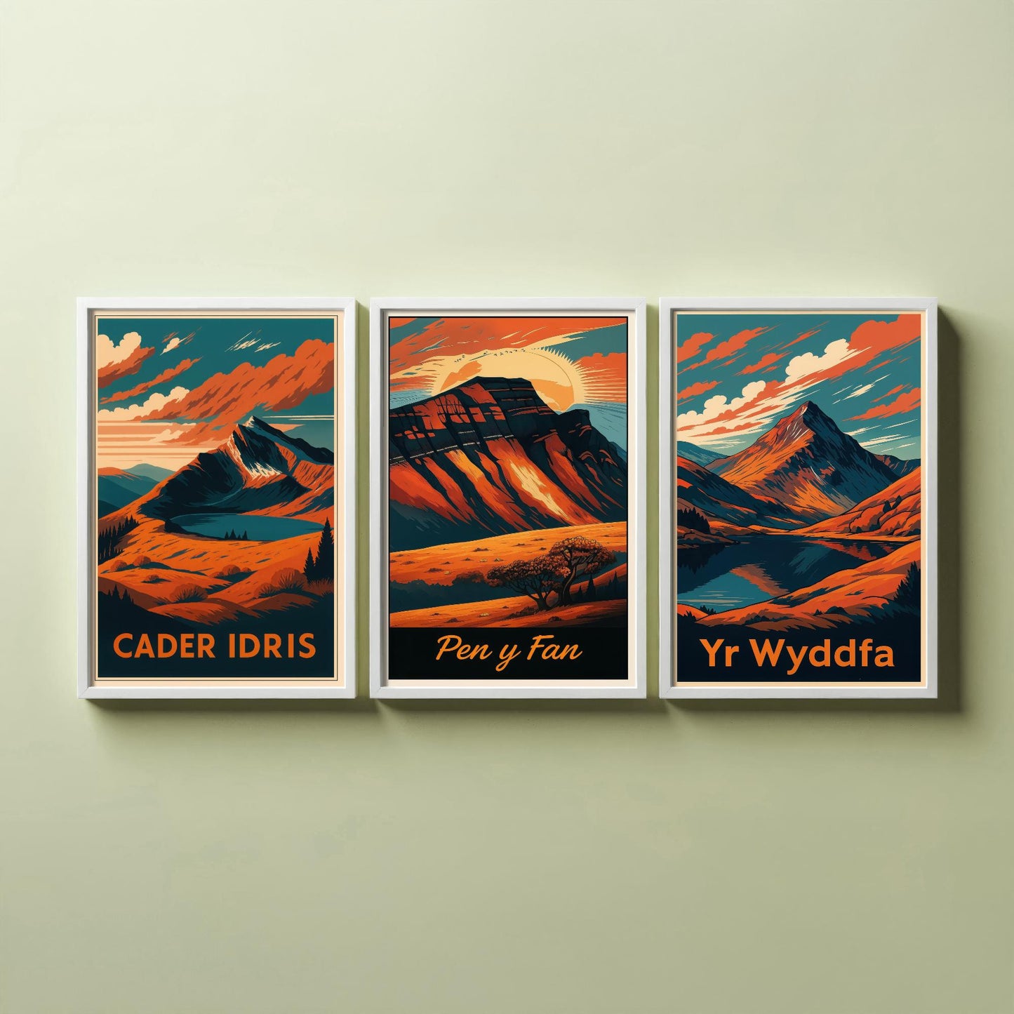 Set of Three Wales Peaks Travel Posters - Cader Idris, Pen y Fan, Yr Wyddfa - 3 Vintage Border Autumn Art Prints - Painting V2