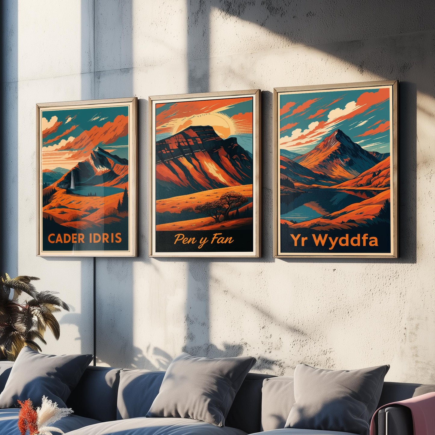 Set of Three Wales Peaks Travel Posters - Cader Idris, Pen y Fan, Yr Wyddfa - 3 Vintage Border Autumn Art Prints - Painting V2