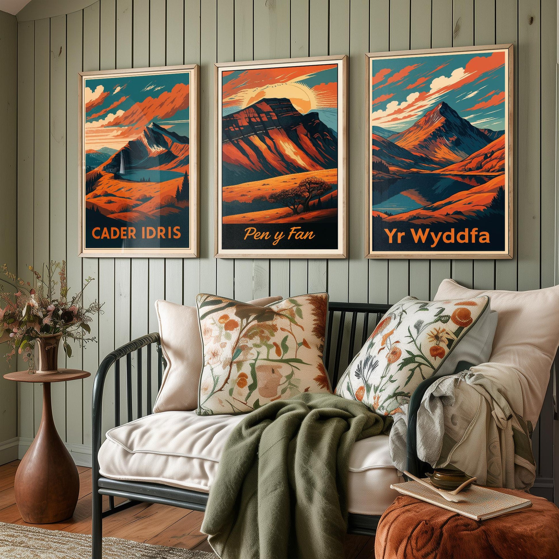 Set of Three Wales Peaks Travel Posters - Cader Idris, Pen y Fan, Yr Wyddfa - 3 Vintage Border Autumn Art Prints - Painting V2