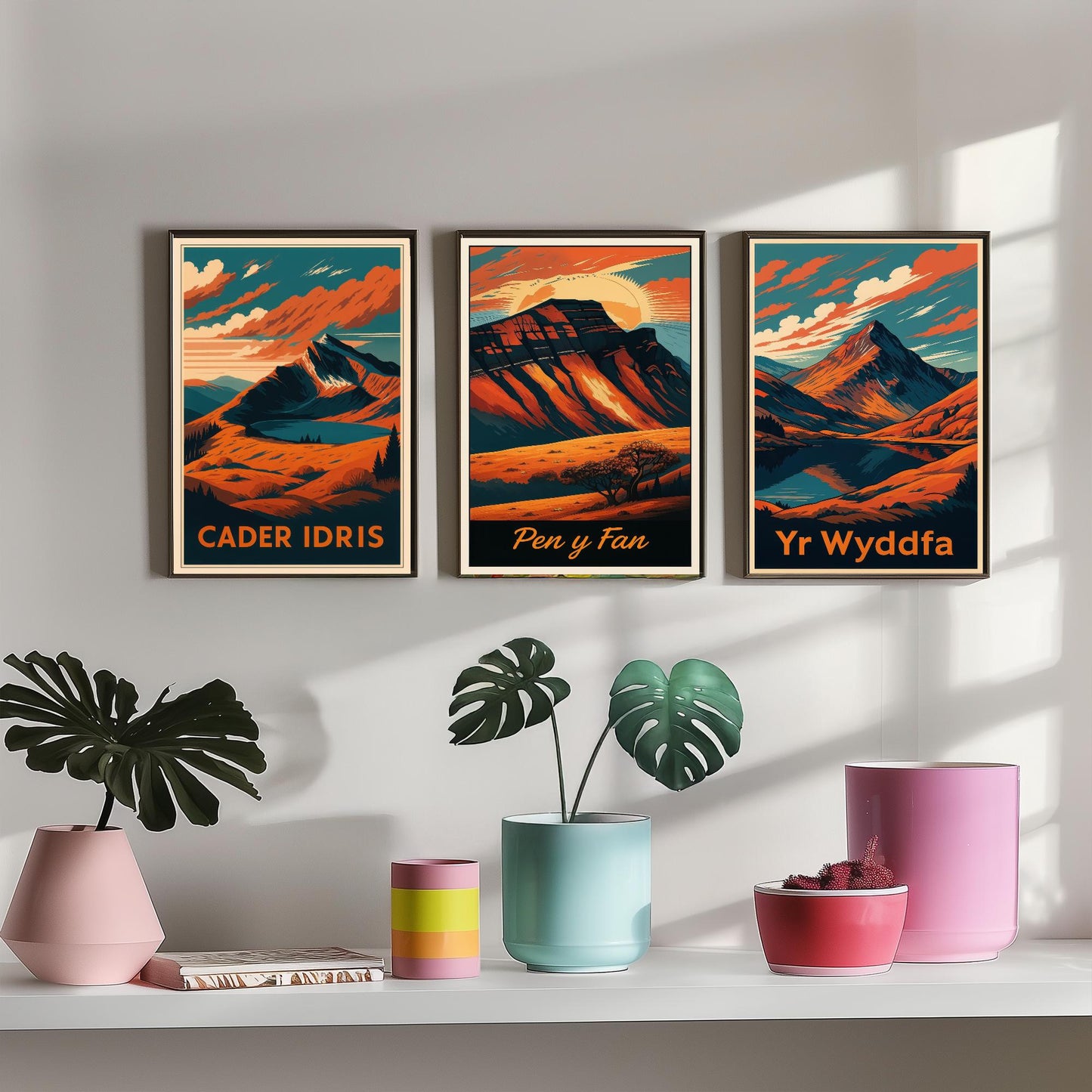 Set of Three Wales Peaks Travel Posters - Cader Idris, Pen y Fan, Yr Wyddfa - 3 Vintage Border Autumn Art Prints - Painting V2