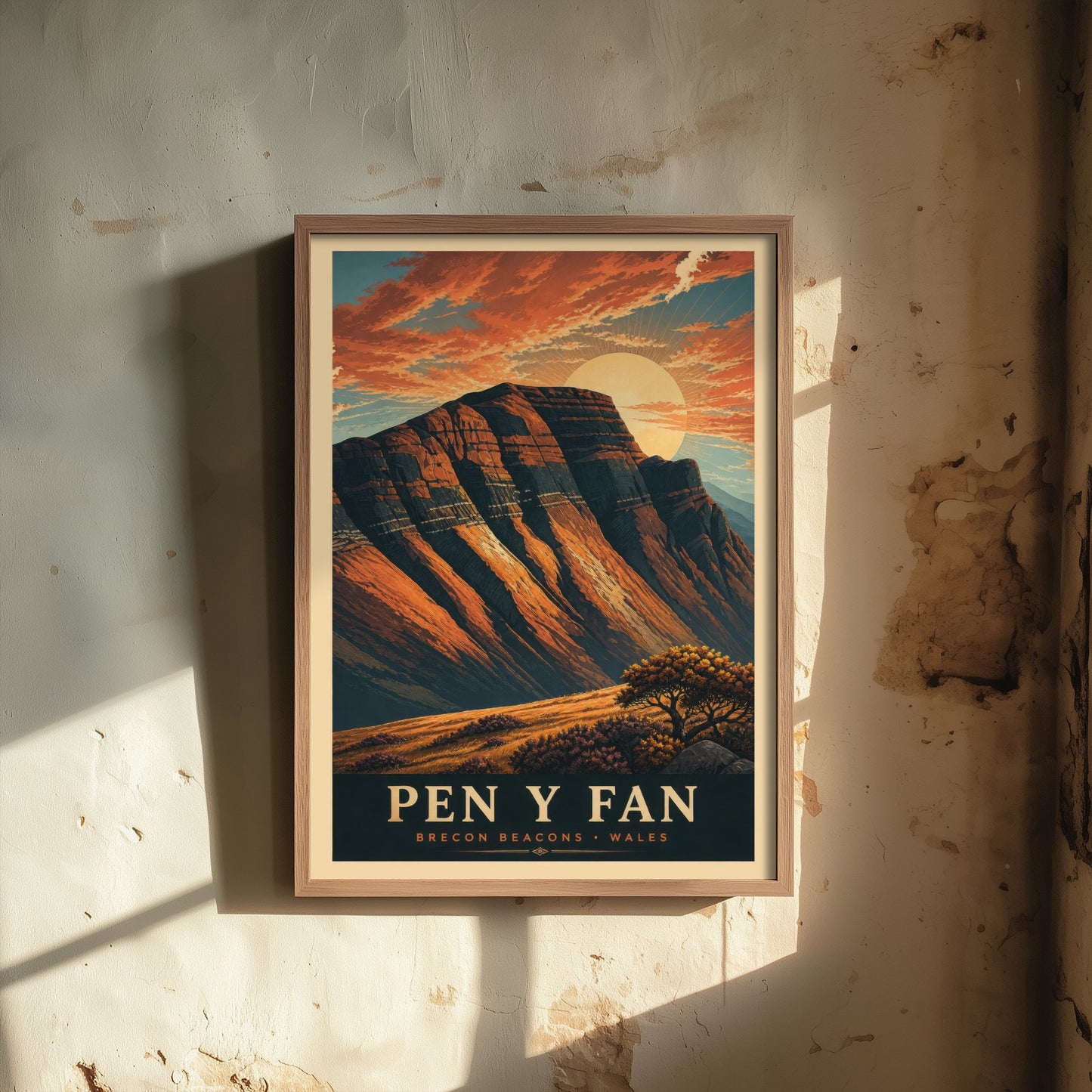 Pen y Fan Travel Poster - Brecon Beacons Wales Art Print - Vintage Mountain Illustration - Autumn Sunset V3 2/3
