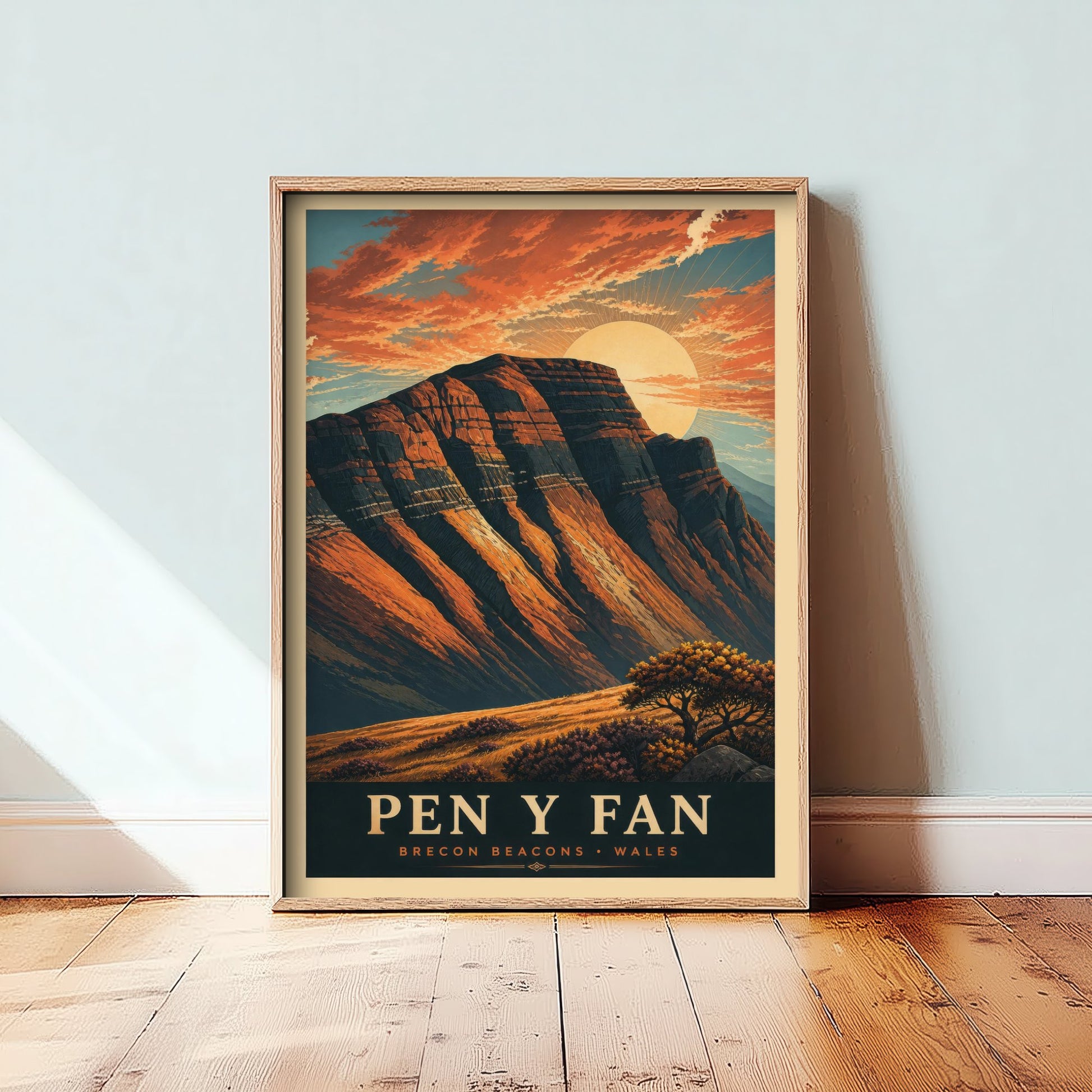 Pen y Fan Travel Poster - Brecon Beacons Wales Art Print - Vintage Mountain Illustration - Autumn Sunset V3 2/3