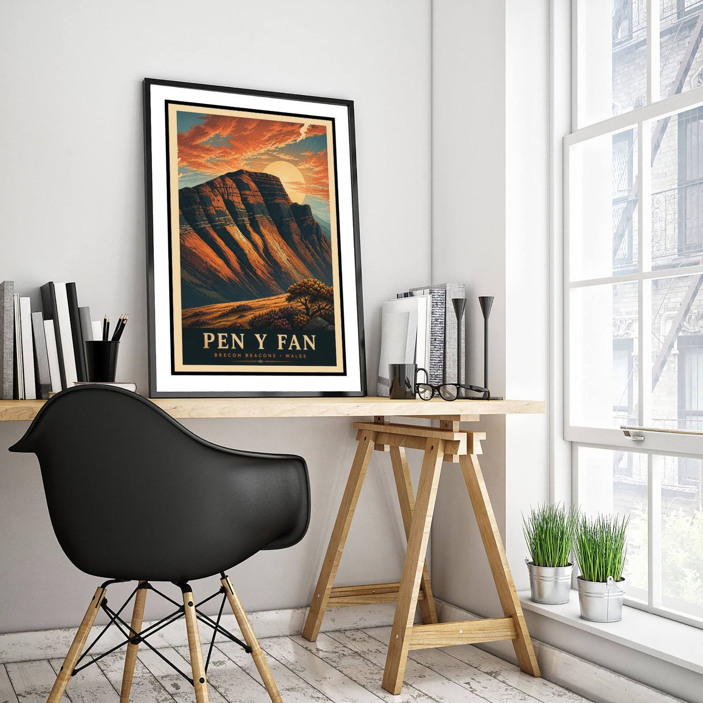 Pen y Fan Travel Poster - Brecon Beacons Wales Art Print - Vintage Mountain Illustration - Autumn Sunset V3 2/3