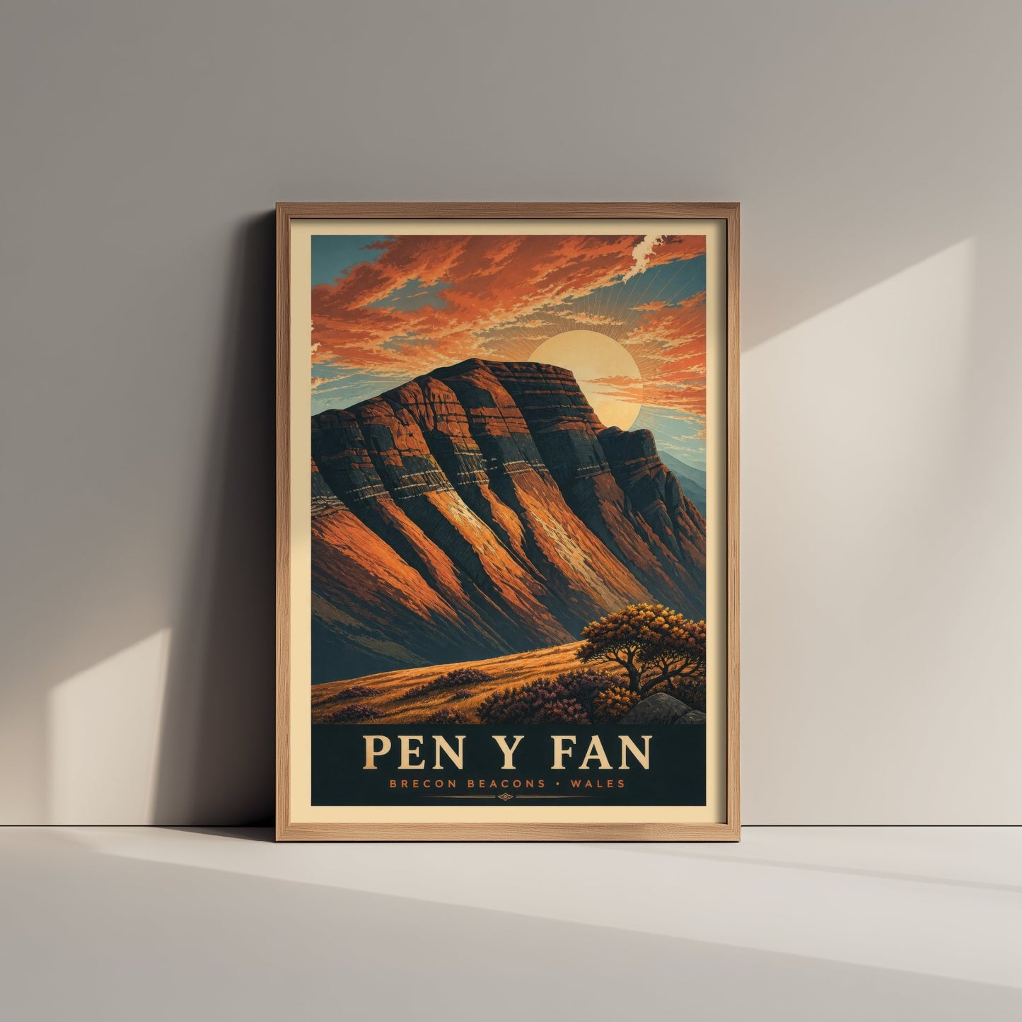 Pen y Fan Travel Poster - Brecon Beacons Wales Art Print - Vintage Mountain Illustration - Autumn Sunset V3 2/3