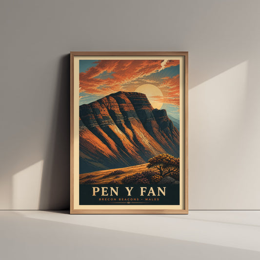 Pen y Fan Travel Poster - Brecon Beacons Wales Art Print - Vintage Mountain Illustration - Autumn Sunset V3 2/3