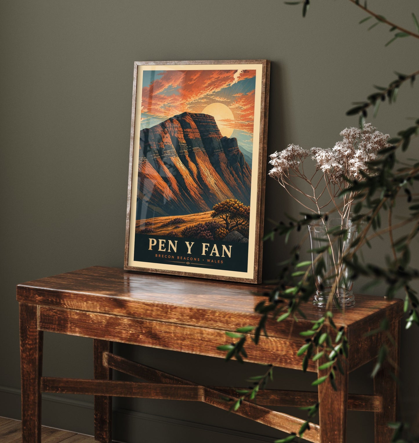 Pen y Fan Travel Poster - Brecon Beacons Wales Art Print - Vintage Mountain Illustration - Autumn Sunset V3 2/3