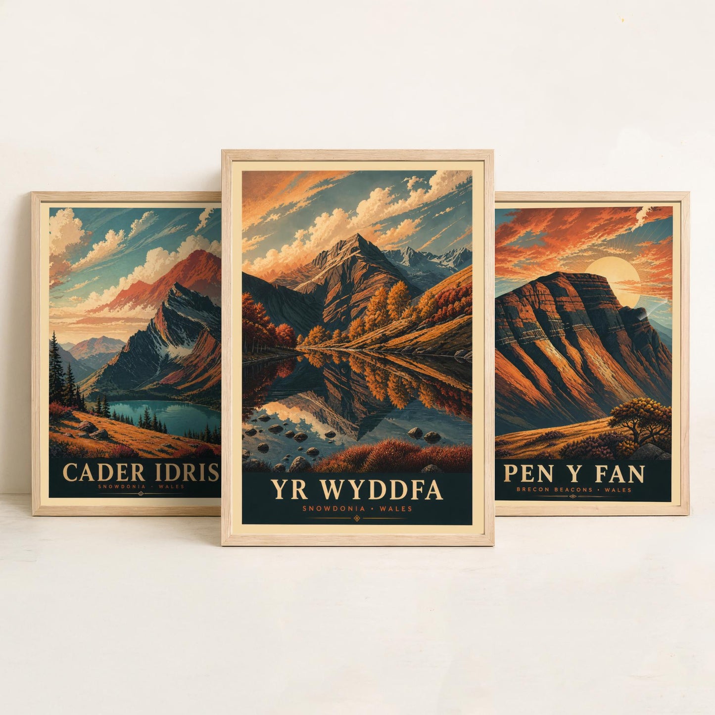 Peaks of Wales Set of Three Travel Posters - Cader Idris, Pen y Fan, Yr Wyddfa - 3 Detailed Autumn Mountain Art Prints - Painting V3
