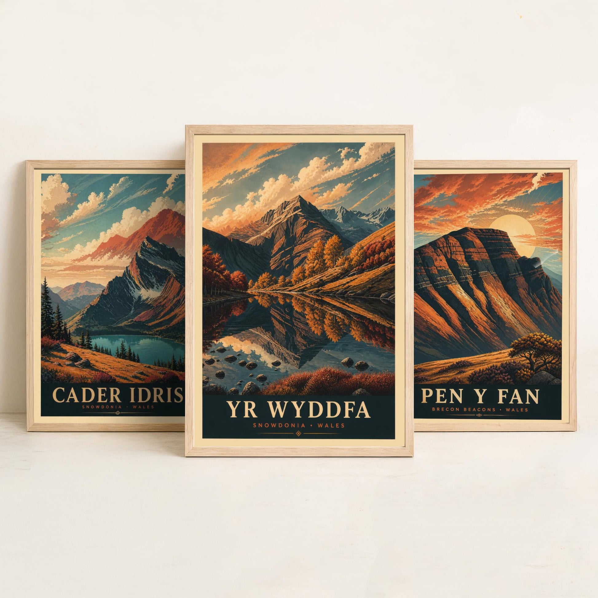 Peaks of Wales Set of Three Travel Posters - Cader Idris, Pen y Fan, Yr Wyddfa - 3 Detailed Autumn Mountain Art Prints - Painting V3